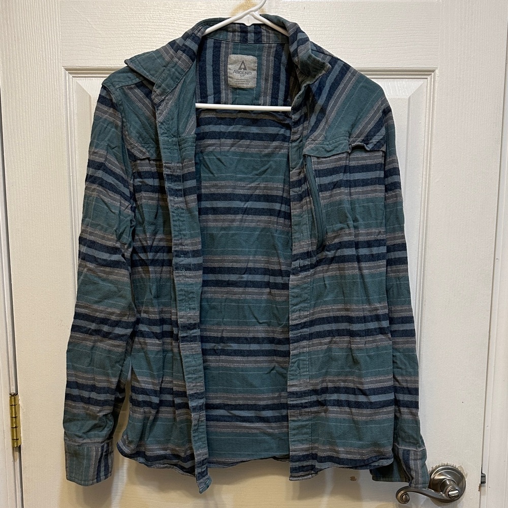 Ascend Blue and Green Striped Casual Button Down Shirt